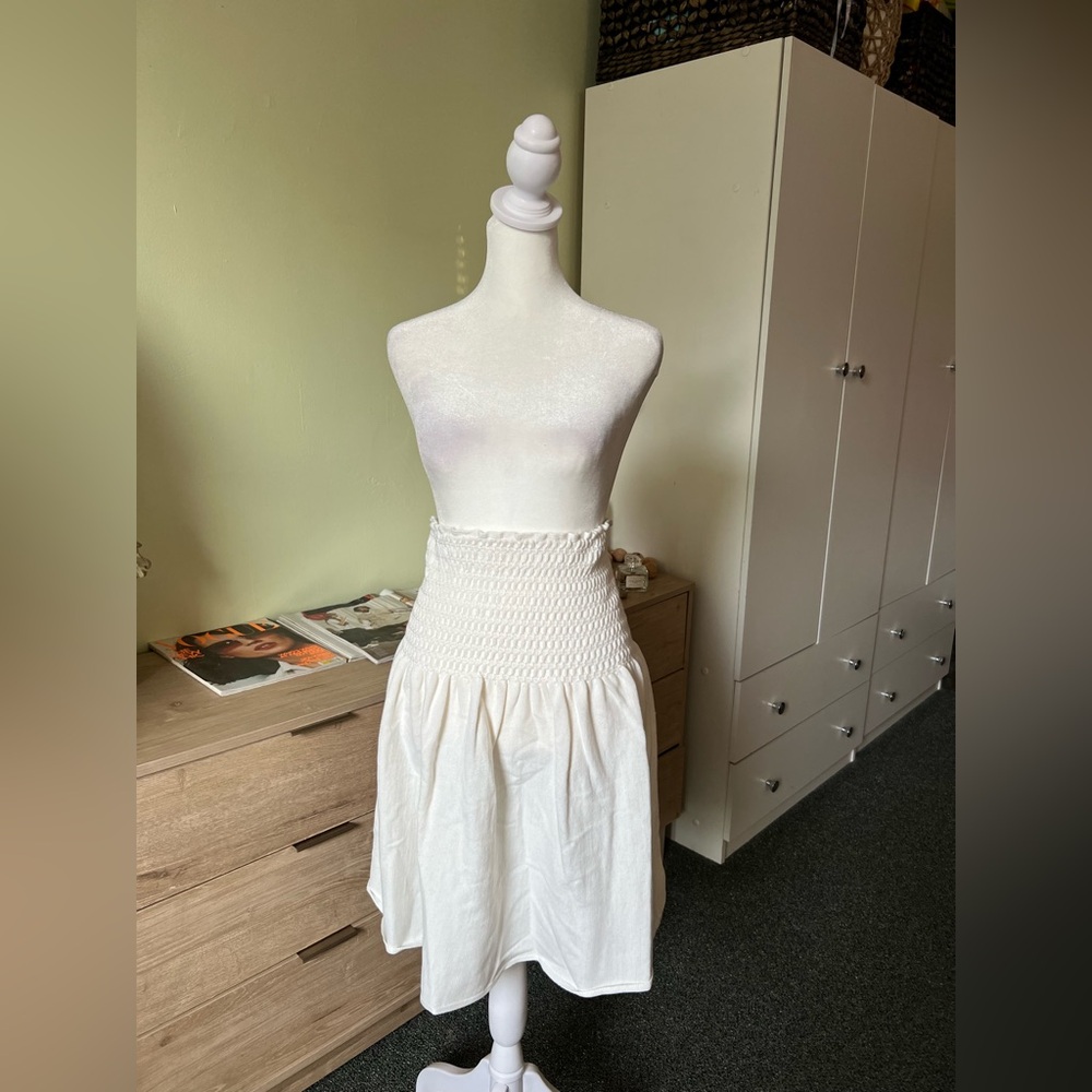 YAKIRA BELLA White Scrunch Ruched High-Waist Elastic Knee-Length Modest Skirt M - Picture 5 of 16
